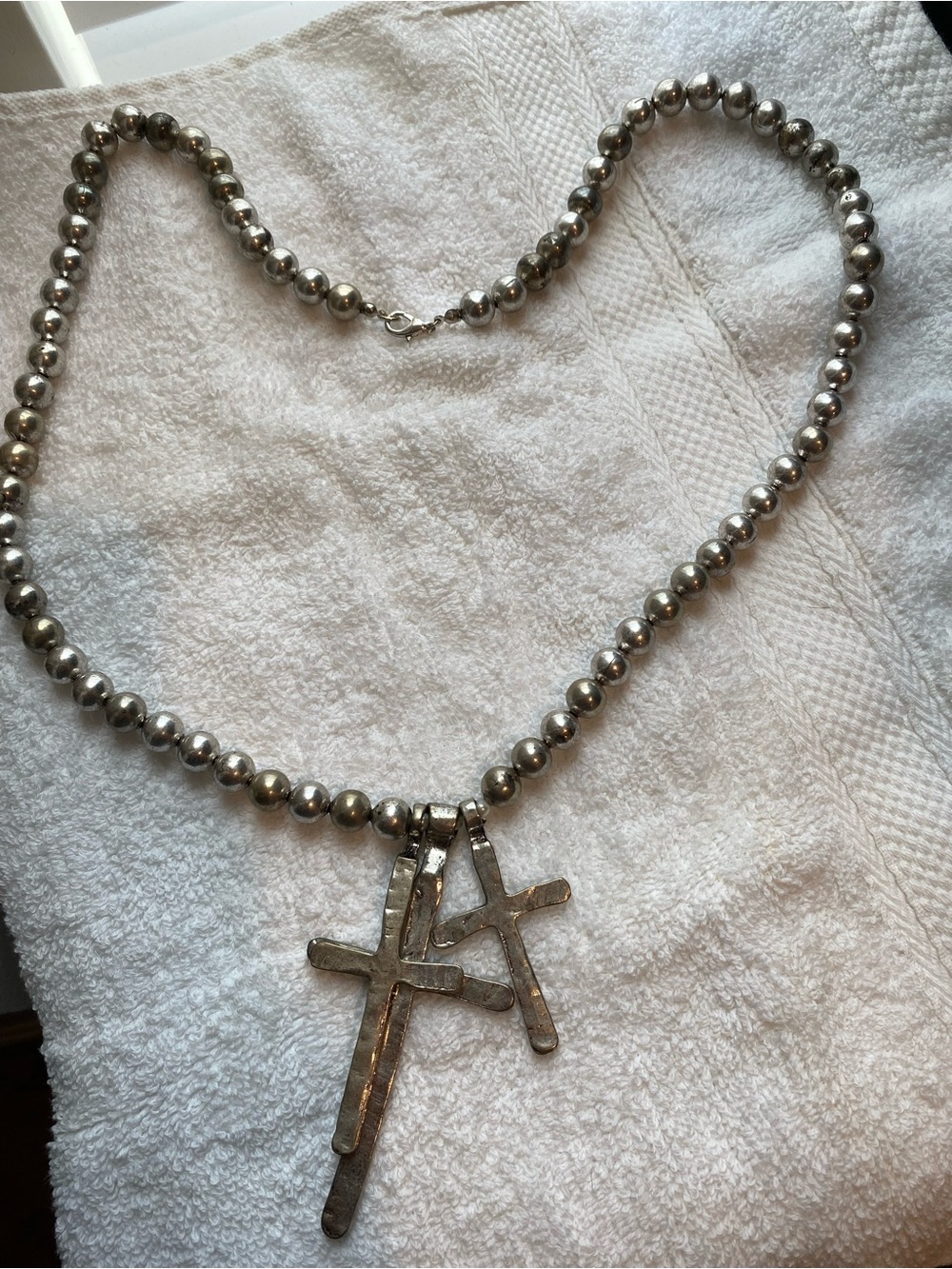 Source Unknown Silver Bead Necklace with Double Cross Pendants - Silver